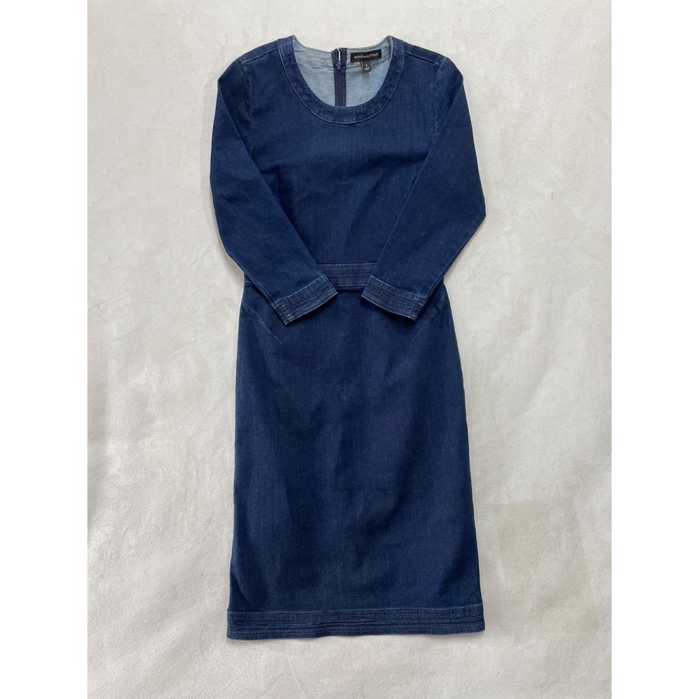 Banana Republic Women Blue Denim Sheath Dress Midi 3/4 Sleeve Size 6